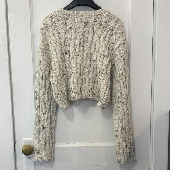 ZARA KID'S GIRL Cream Flecked Distressed Cropped Cable-Knit Sweater, 13-14 Years - Picture 5 of 14